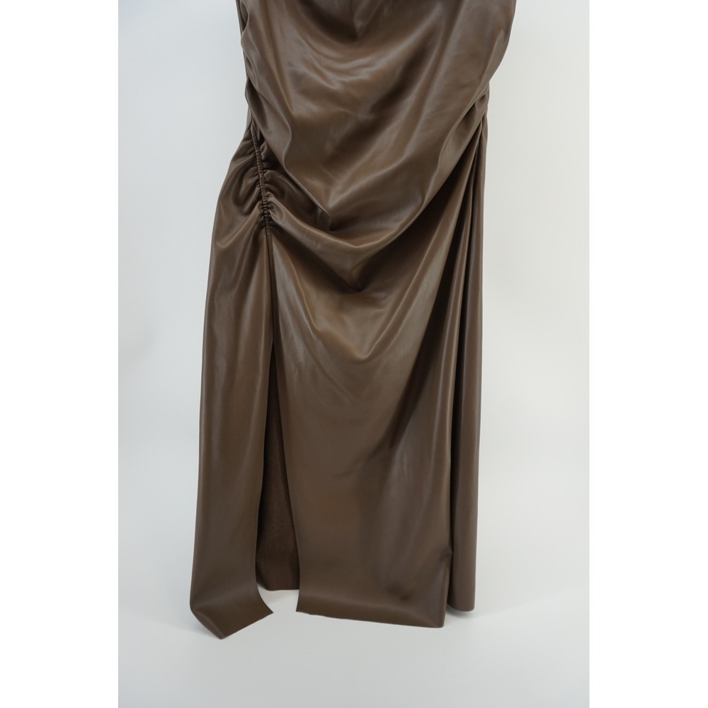 River Island Drape Cowl Neck Ruched Midi Dress Faux Leather Slit Brown US 8 NEW - Picture 4 of 9